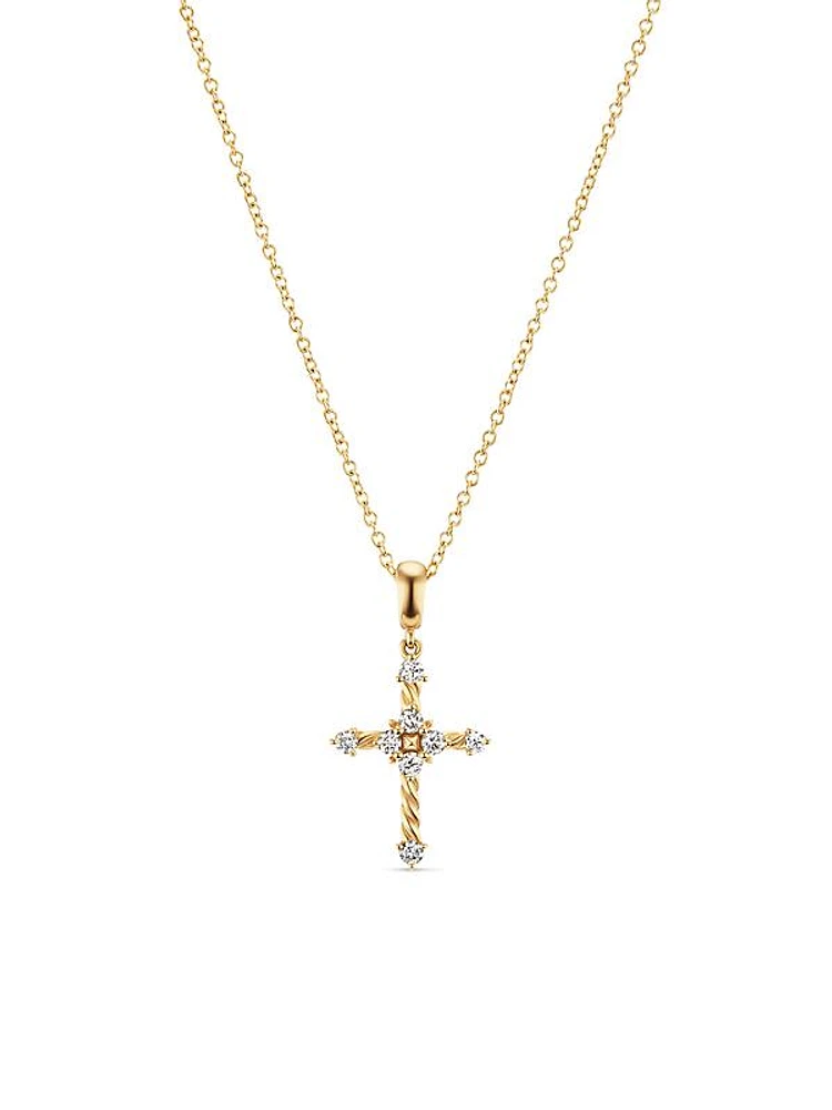 Petite Modern Renaissance Cross Pendant Necklace in 18K Yellow Gold with Diamonds, 22.1MM