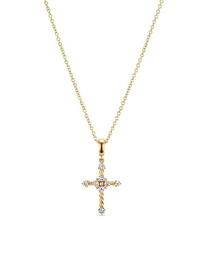 Petite Modern Renaissance Cross Pendant Necklace in 18K Yellow Gold with Diamonds, 22.1MM