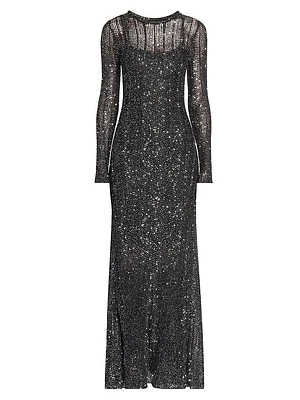 Sequined Long-Sleeve Gown