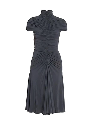 Gathered Mock Turtleneck Midi-Dress