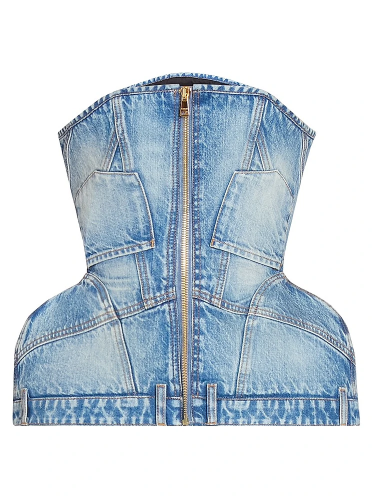 Basque Denim Zip-Up Bustier Top