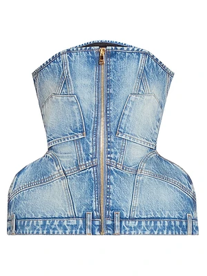Basque Denim Zip-Up Bustier Top