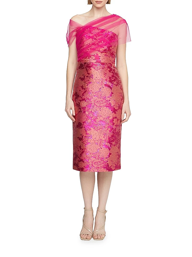 Judy Brocade Asymmetric Shawl Cocktail Dress
