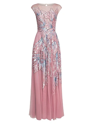 Aviana Beaded Cap-Sleeve Gown