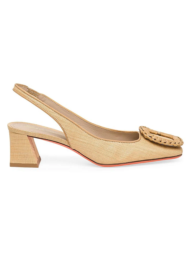 Lemon 50MM Raffia & Leather Slingback Pumps