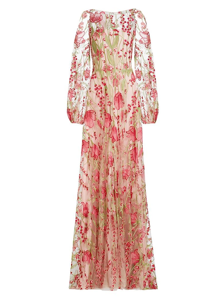 Floral Tulle Balloon-Sleeve Gown