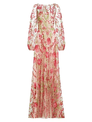 Floral Tulle Balloon-Sleeve Gown