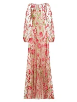 Floral Tulle Balloon-Sleeve Gown