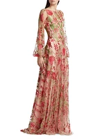 Floral Tulle Balloon-Sleeve Gown