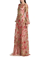 Floral Tulle Balloon-Sleeve Gown