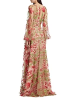 Floral Tulle Balloon-Sleeve Gown