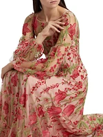 Floral Tulle Balloon-Sleeve Gown