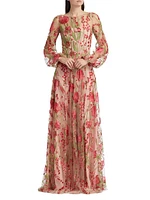 Floral Tulle Balloon-Sleeve Gown
