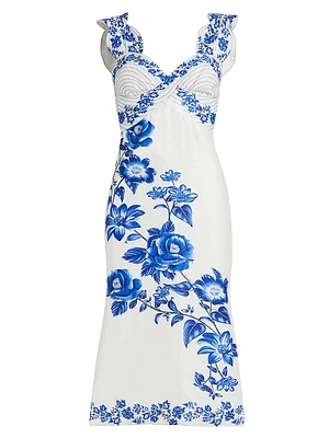 Cascade Floral Sleeveless Linen Midi-Dress