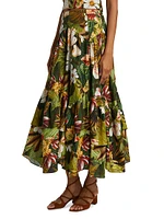 Botanical Forest Floral Linen-Blend Midi-Skirt