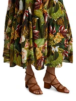 Botanical Forest Floral Linen-Blend Midi-Skirt