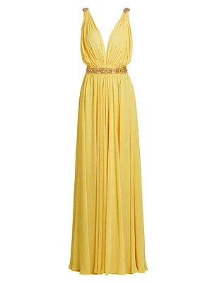 Embellished Chiffon V-Neck Gown