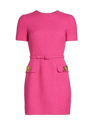Tweed Short-Sleeve Belted Minidress