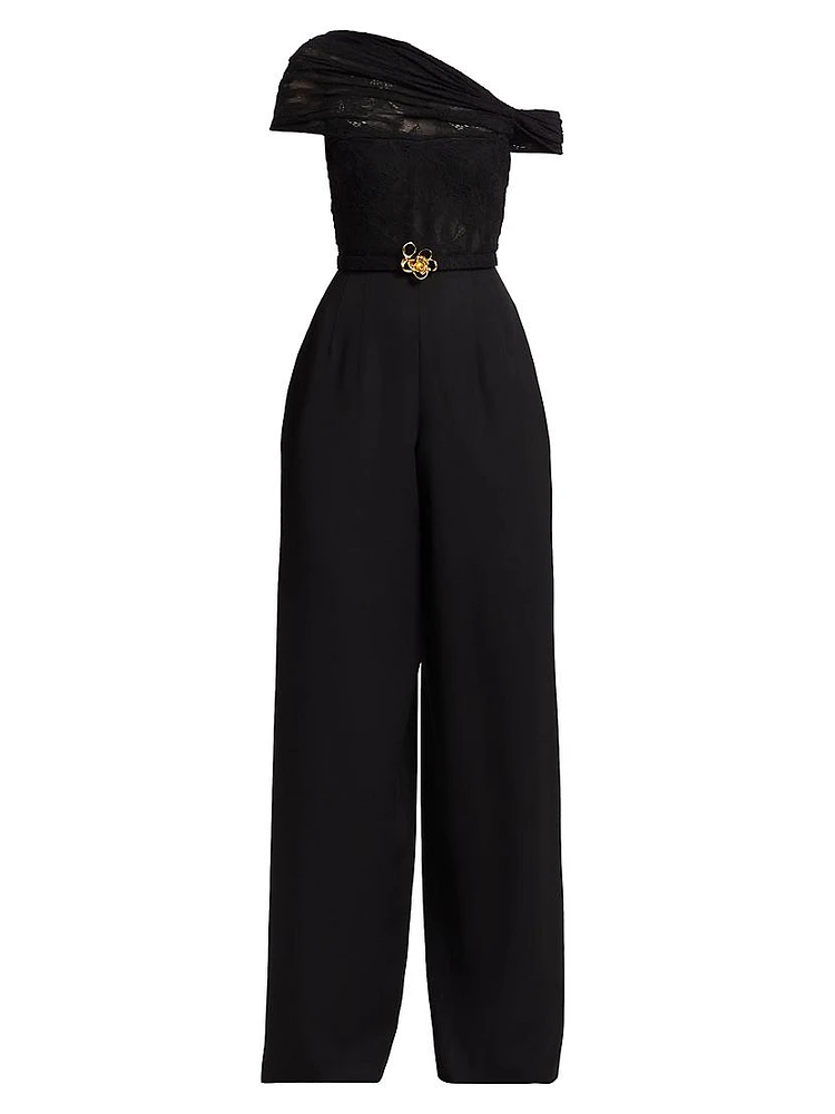 Floral Lace-Virgin Wool One-Shoulder Wide-Leg Jumpsuit