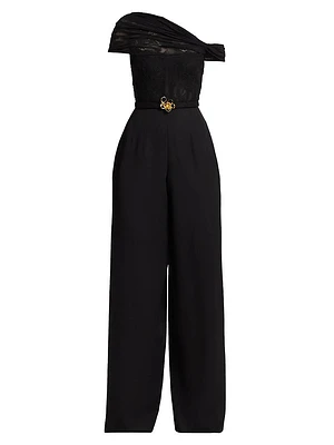 Floral Lace-Virgin Wool One-Shoulder Wide-Leg Jumpsuit