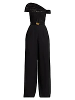 Floral Lace-Virgin Wool One-Shoulder Wide-Leg Jumpsuit