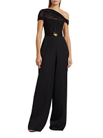 Floral Lace-Virgin Wool One-Shoulder Wide-Leg Jumpsuit