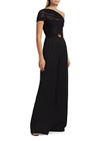Floral Lace-Virgin Wool One-Shoulder Wide-Leg Jumpsuit