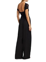 Floral Lace-Virgin Wool One-Shoulder Wide-Leg Jumpsuit