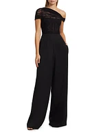 Floral Lace-Virgin Wool One-Shoulder Wide-Leg Jumpsuit