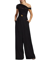 Floral Lace-Virgin Wool One-Shoulder Wide-Leg Jumpsuit