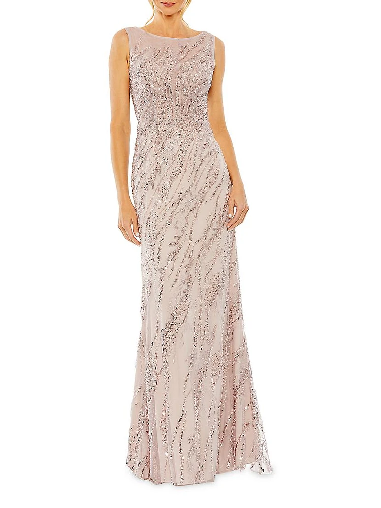 Evening Sleeveless Boatneck Sequin Beaded Gown