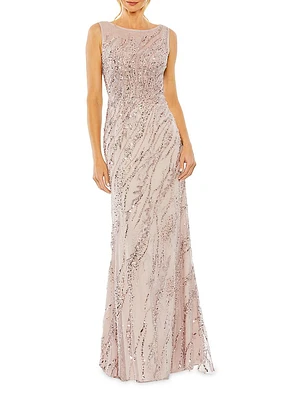 Evening Sleeveless Boatneck Sequin Beaded Gown