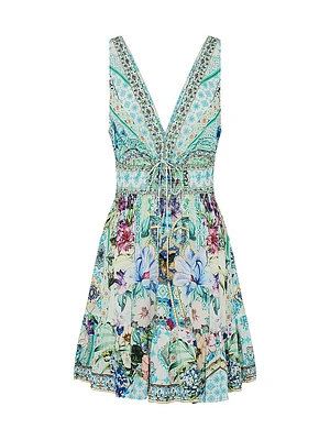 Shirred Waist Silk Minidress