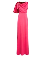 Darcie Satin Flutter-Sleeve Gown