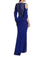 Floral Lace & Cady Cold-Shoulder Gown
