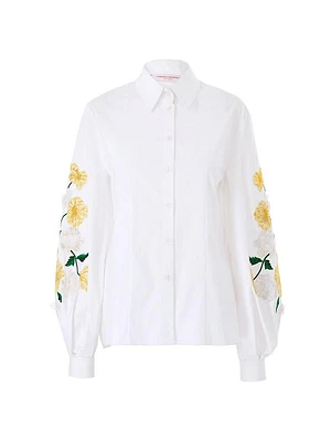 Embroidered Puff Sleeve Stretch Cotton Shirt