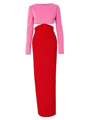 Cut-Out Colorblocked Long-Sleeve Column Gown