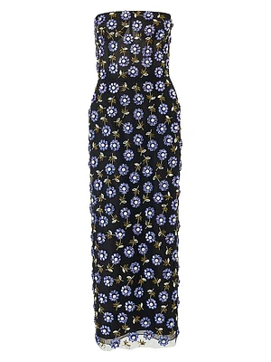 Embroidered Strapless Column Midi-Dress