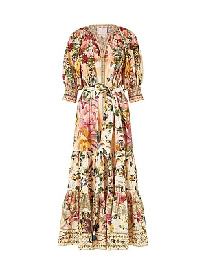 Camilla x White Lotus Tiered Puff-Sleeve Shirtdress