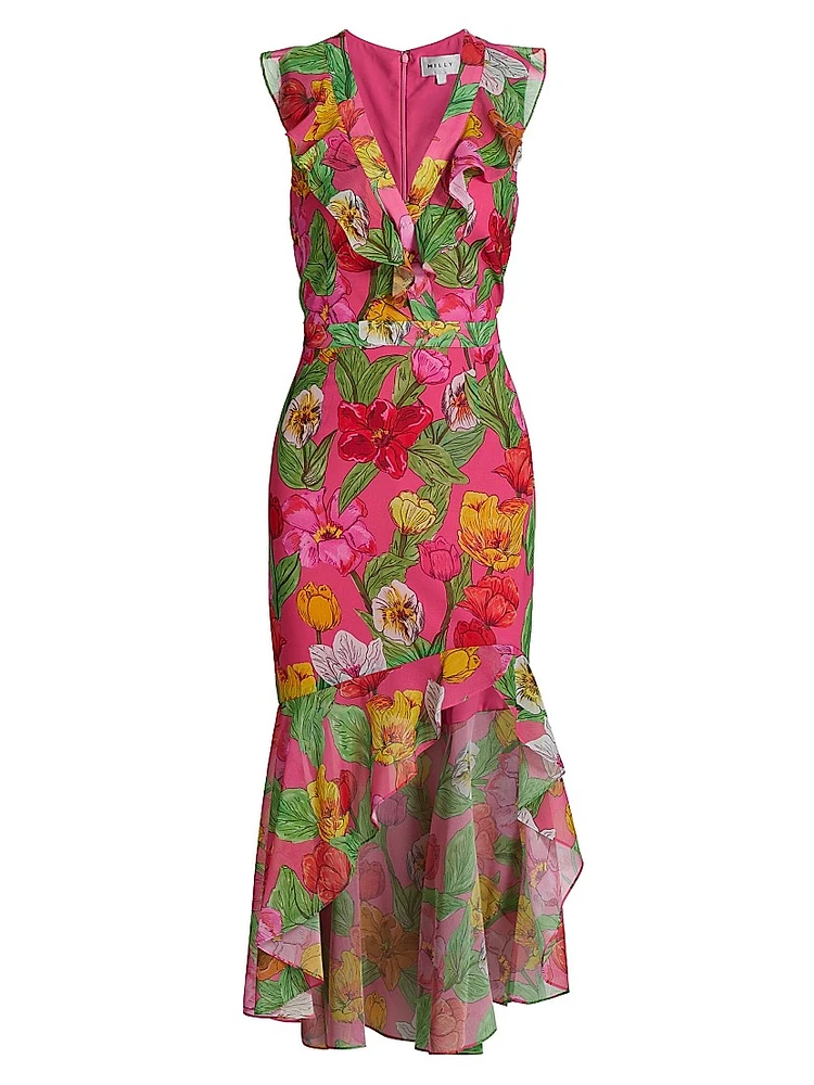 Nanci Tulip Rosette Ruffle Midi-Dress
