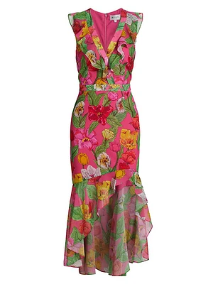Nanci Tulip Rosette Ruffle Midi-Dress