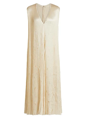 Satin Pleated Laser-Cut Trapeze Dress