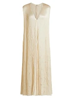 Satin Pleated Laser-Cut Trapeze Dress