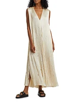 Satin Pleated Laser-Cut Trapeze Dress