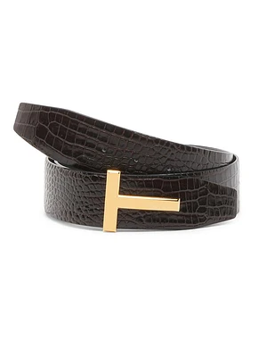 T Crocodile-Embossed Patent Leather Reversible Belt
