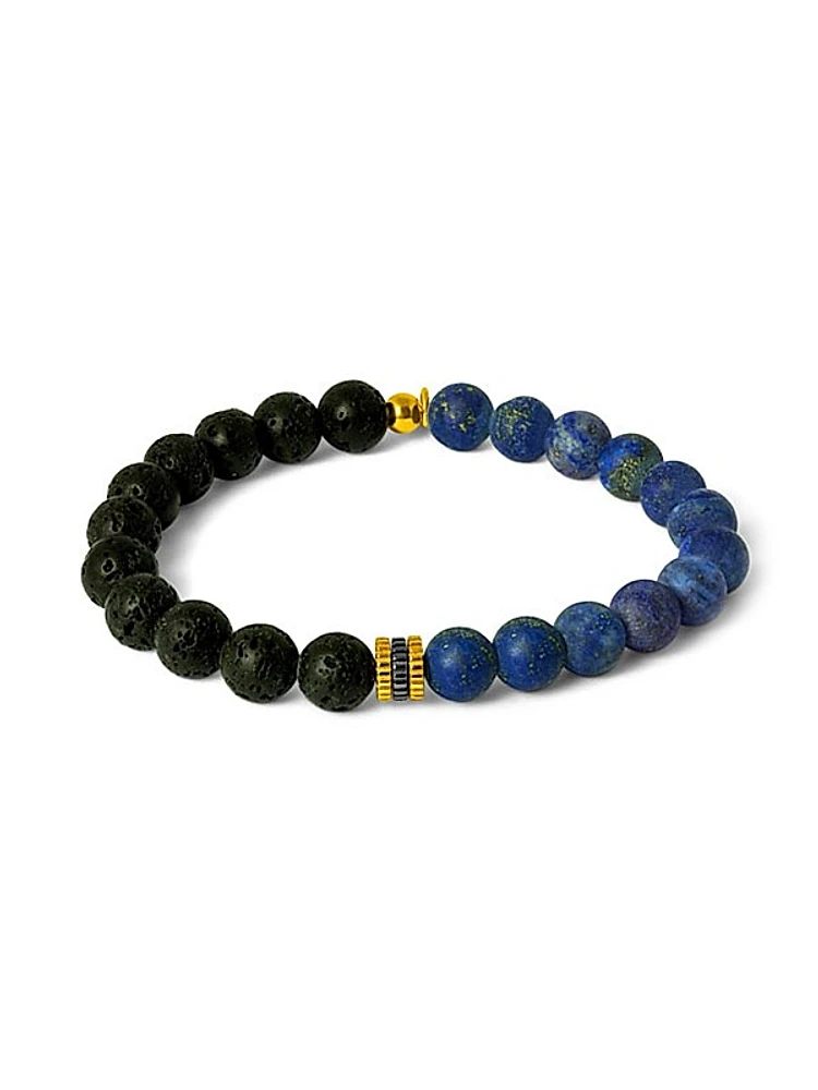 Gear Trio 18K Yellow Gold-Plated Sterling Silver Lapis & Lava Bead Beaded Bracelet