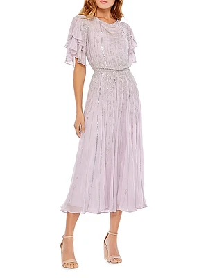 High Neck Flutter-Sleeve Embellished Dress