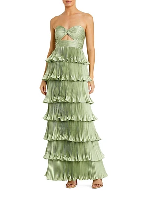 Ieena Pleated Charmeuse Strapless Tiered Ruffle Gown