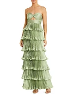 Ieena Pleated Charmeuse Strapless Tiered Ruffle Gown