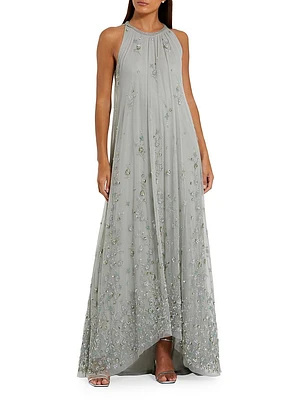 Floral Embellished Mesh Trapeze Gown